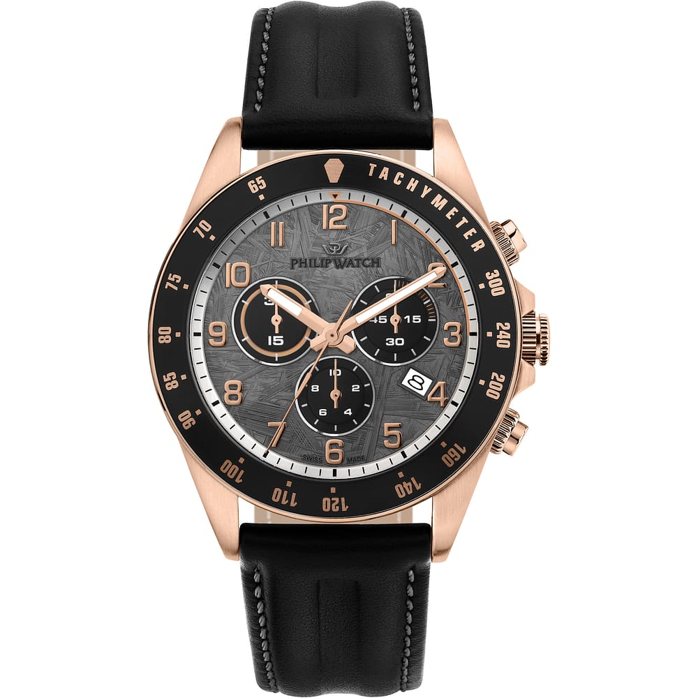 Philip Watch Caribe Sport R8271607003, cronografo con quadrante grigio, cassa rose gold e cinturino nero, vista frontale
