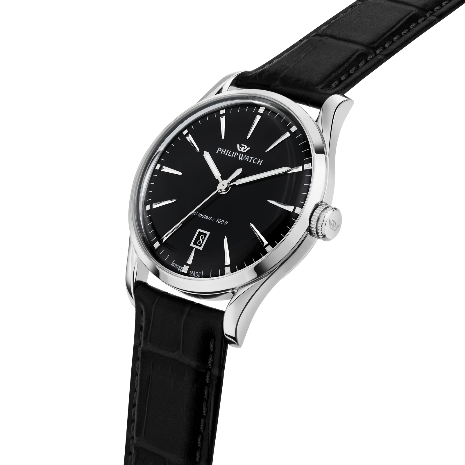 Philip Watch Sunray R8251180036, vista obliqua della cassa in acciaio e del quadrante nero