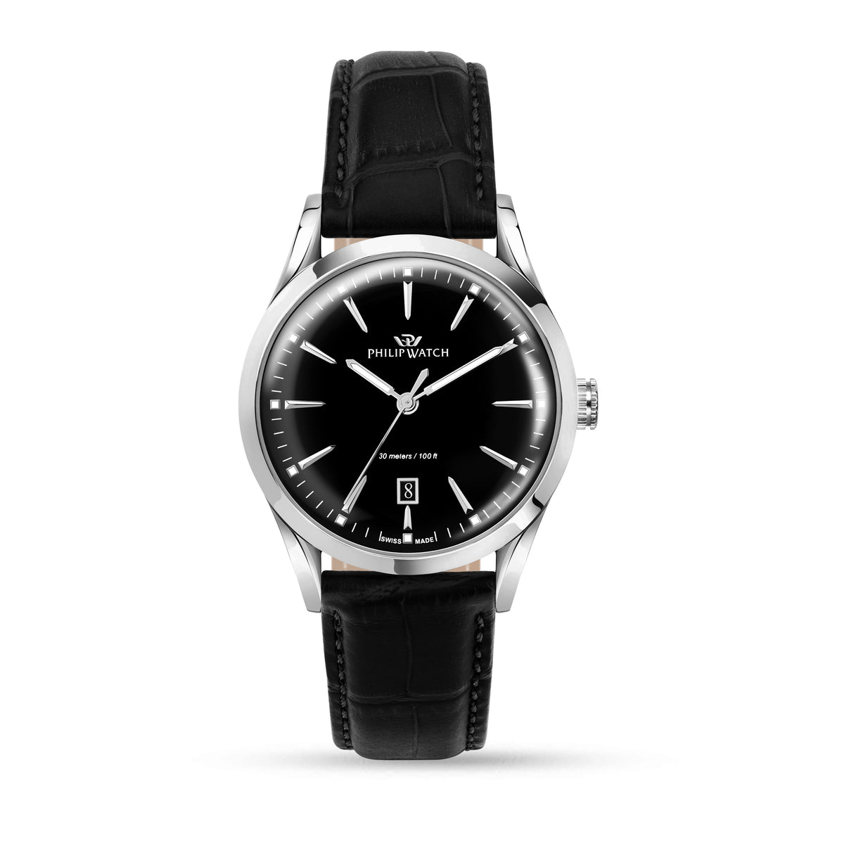 Philip Watch Sunray R8251180036, vista frontale del quadrante nero e cinturino in pelle nera