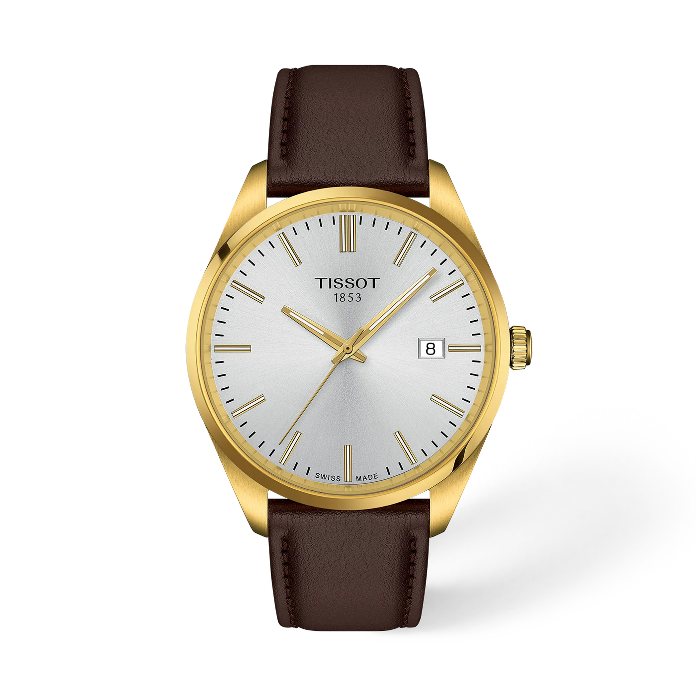 Tissot PR 100 T150.410.36.391.00, quadrante argentato, dettagli dorati, pelle marrone